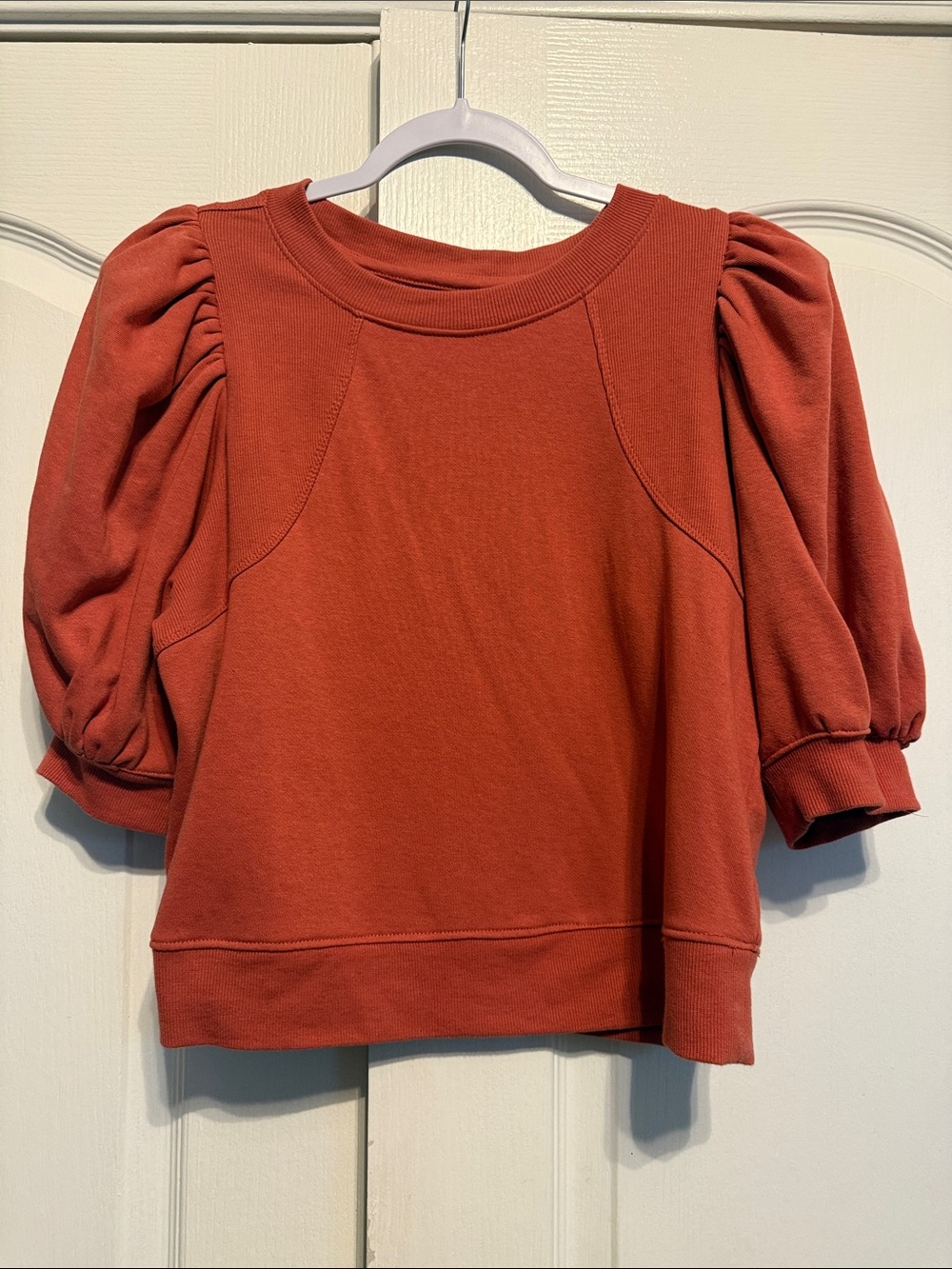 Maeve Puff Sleeve Sweatshirt in Rust Red